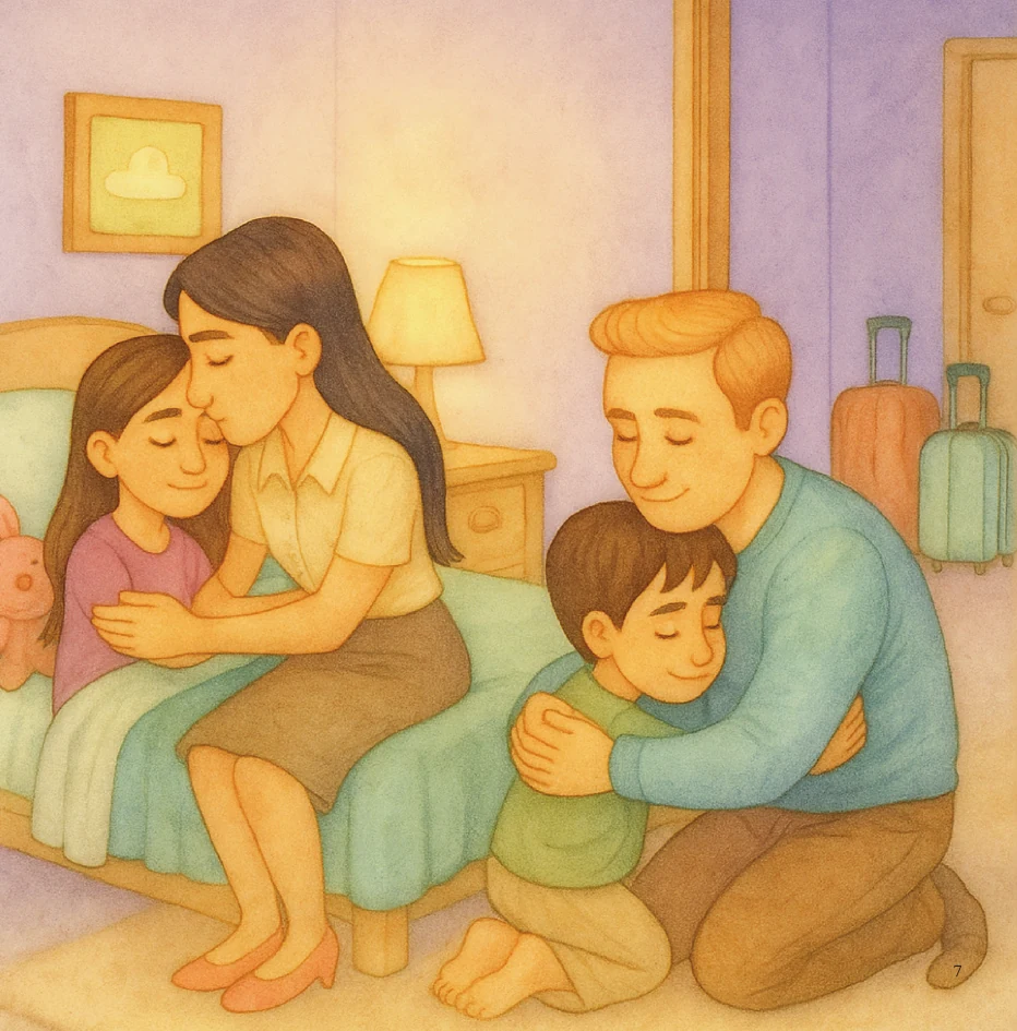 Mom and Dad hugging Leia and Eitan before their trip