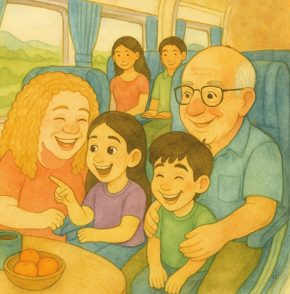 Leia and Eitan on the train with their grandparents
